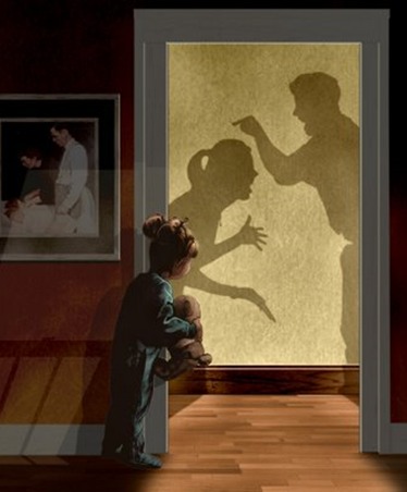 Child hiding in fear as adults fight
